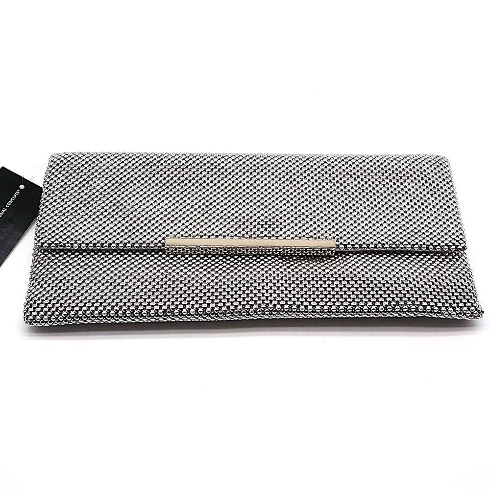 INC International Concepts HETHER‎ Silver Shiny Mesh Clutch NEW